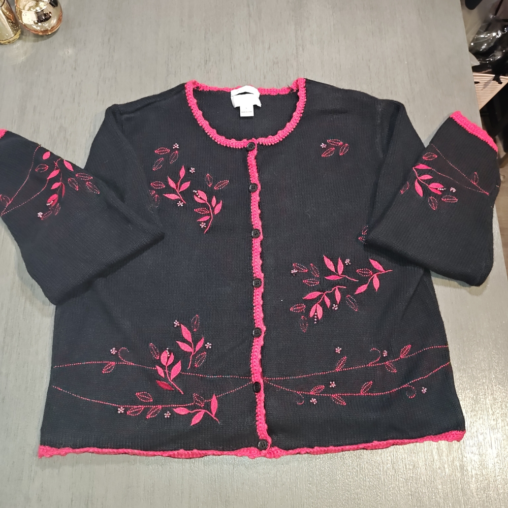 Christopher & Banks Woman's Hand Crochet Black And Red Cardigan, Size Large